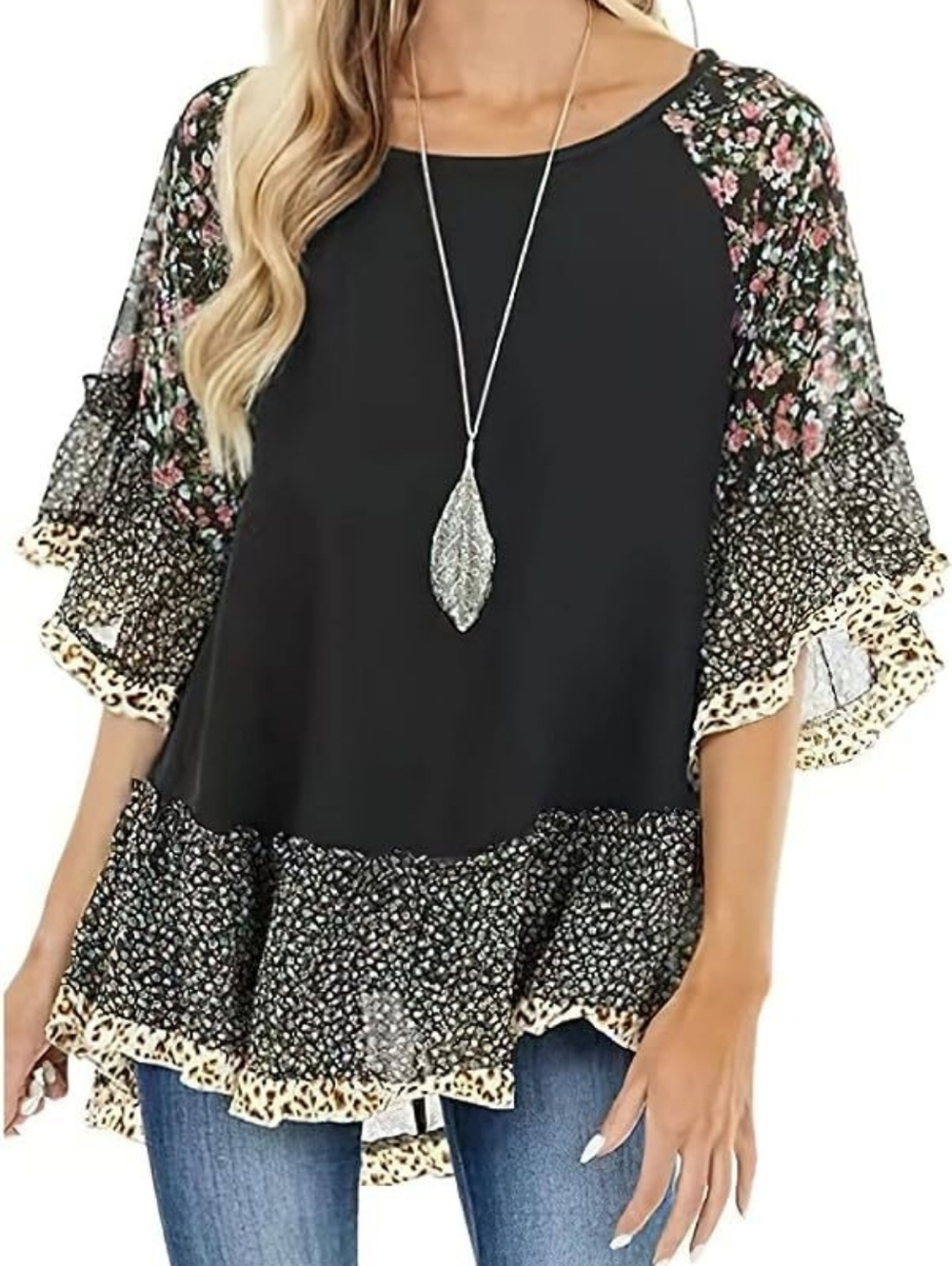 Black Floral Patchwork/ Ruffle Sleeve Blouse. NWOT Sizes Available Medium, XXL
